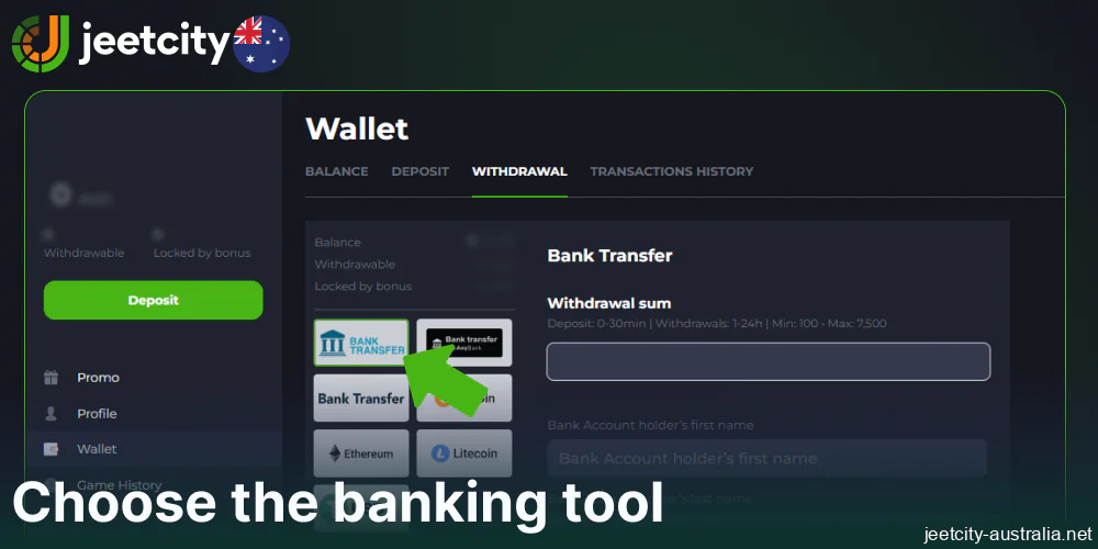 Choose the banking tool on Jeetcity