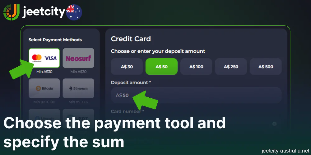 Choose the payment tool on Jeetcity and specify the sum