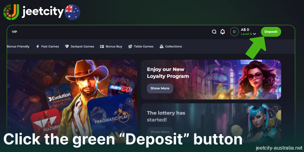 Click the green “Deposit” button on Jeetcity