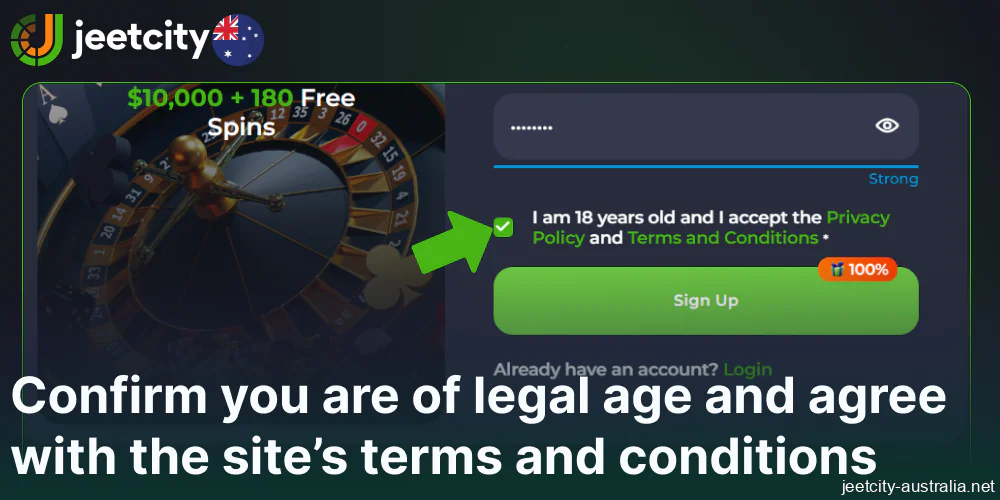 Confirm you are of legal age and agree with the Jeetcity terms and conditions