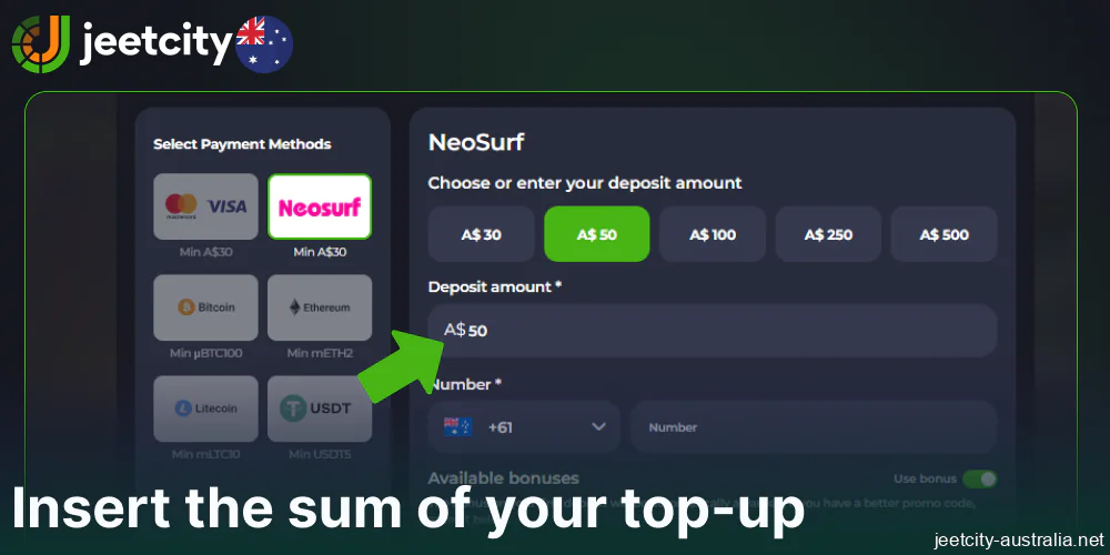 Insert the sum of your top-up on Jeetcity