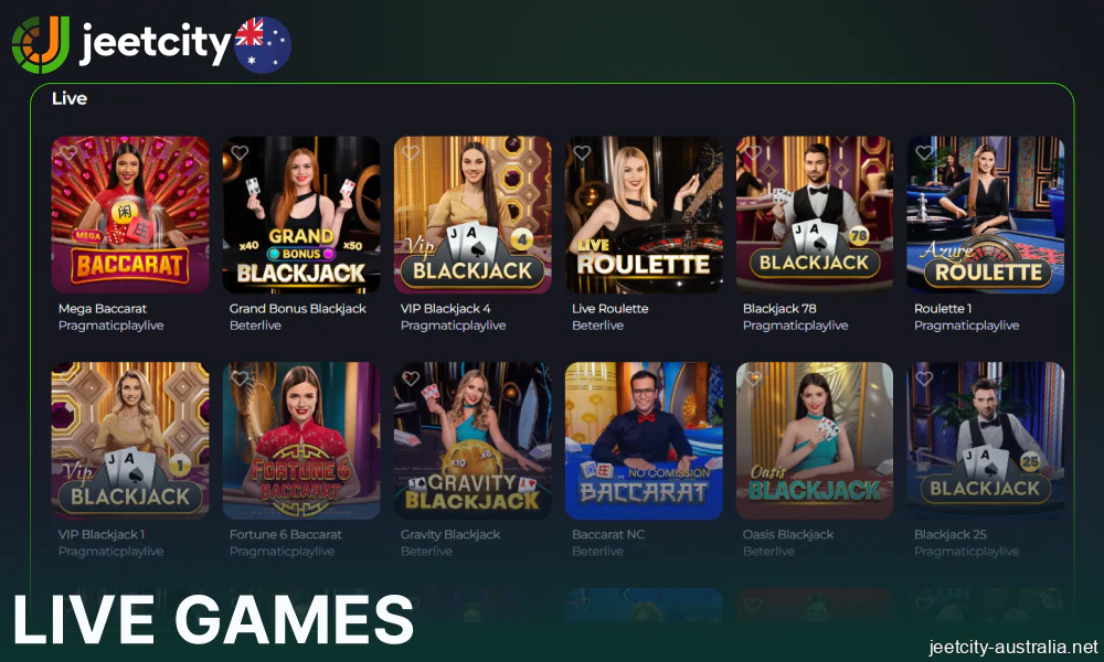 Live casino games availbale on Jeetcity for players from Australia