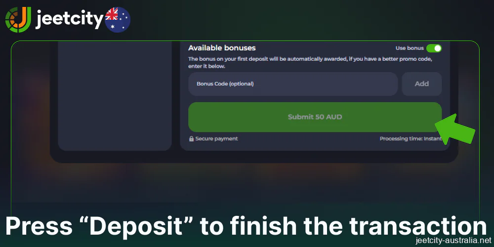 Press “Deposit” to finish the transaction on Jeetcity
