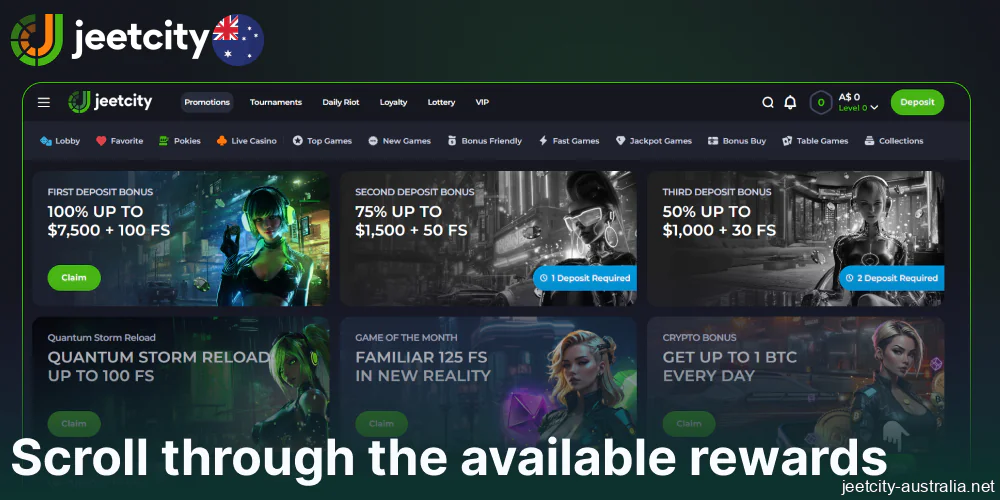 Scroll through the available rewards on Jeetcity
